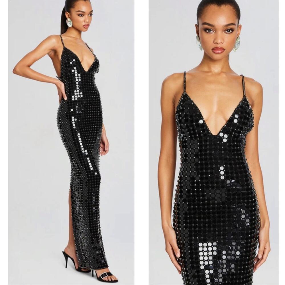 RETROFETE Perri Mirrored Sequin Embellished Bodycon Black Maxi Dress Sz Small